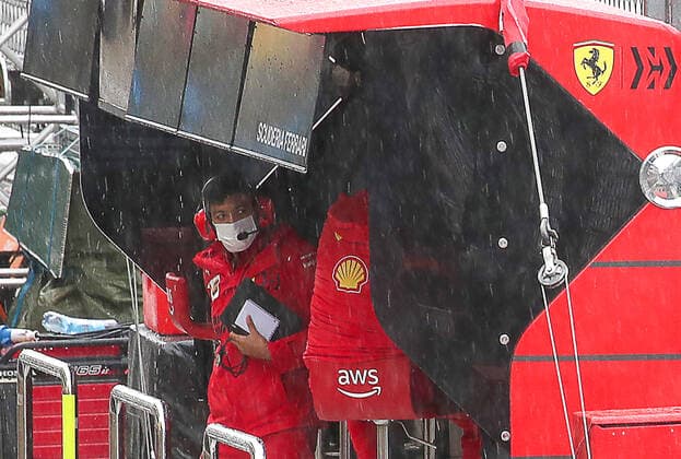 SOCHI, RUSSIA - SEPTEMBER 25, 2021: Members of the Scuderia Ferrari team are seen at the Sochi Autodrom racing circuit hosting the 2021 Formula One Russian Grand Prix. The third practice session of the 2021 F1 Russian Grand Prix has been canceled amid heavy rains in Sochi. Sergei Fadeichev TASS  TS111DD1