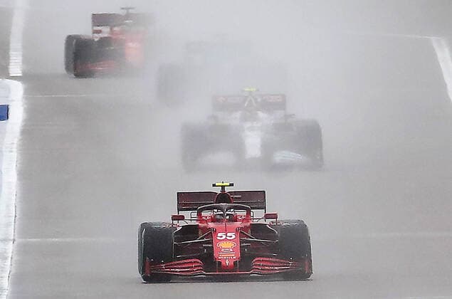 SOCHI, RUSSIA â€“ SEPTEMBER 25, 2021: Scuderia Ferrari F1 driver Carlos Sainz of Spain competes in a qualifying session for the 2021 Formula One Russian Grand Prix, at the Sochi Autodrom racing circuit. Sergei Fadeichev TASS  TS111E4A