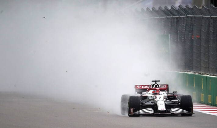 SOCHI, RUSSIA â€“ SEPTEMBER 25, 2021: Alfa Romeo Racing F1 Team driver Kimi Raikkonen of Finlandcompetes in a qualifying session for the 2021 Formula One Russian Grand Prix, at the Sochi Autodrom racing circuit. Sergei Fadeichev TASS  TS111E4F