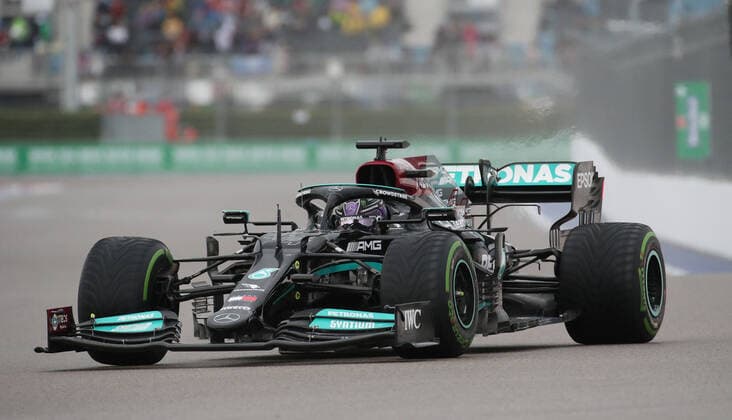 SOCHI, RUSSIA â€“ SEPTEMBER 25, 2021: Mercedes AMG Petronas F1 Team driver Lewis Hamilton of the United Kingdom competes in a qualifying session for the 2021 Formula One Russian Grand Prix, at the Sochi Autodrom racing circuit. Sergei Fadeichev TASS  TS111E73