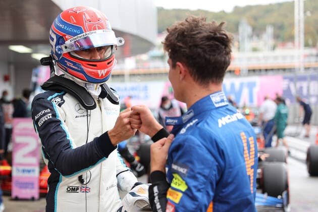 Sport Bilder des Tages F1 Grand Prix of Russia 63 George Russell (GBR, Williams Racing), 4 Lando Norris (GBR, McLaren F1 Team), F1 Grand Prix of Russia at Sochi Autodrom on September 25, 2021 in Sochi, Russia. (Photo by xpbimages.com XPB Images FIA Pool via HOCH ZWEI) Sochi Russia Poolfoto HOCH ZWEI Pool XPB Images ,EDITORIAL USE ONLY