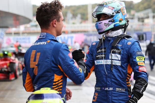 F1 Grand Prix of Russia 4 Lando Norris (GBR, McLaren F1 Team), 3 Daniel Ricciardo (AUS, McLaren F1 Team), F1 Grand Prix of Russia at Sochi Autodrom on September 25, 2021 in Sochi, Russia. (Photo by xpbimages.com XPB Images FIA Pool via HOCH ZWEI) Sochi Russia Poolfoto HOCH ZWEI Pool XPB Images ,EDITORIAL USE ONLY