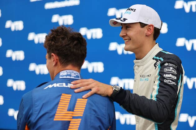 F1 Grand Prix of Russia 4 Lando Norris (GBR, McLaren F1 Team), 63 George Russell (GBR, Williams Racing), F1 Grand Prix of Russia at Sochi Autodrom on September 25, 2021 in Sochi, Russia. (Photo by xpbimages.com XPB Images FIA Pool via HOCH ZWEI) Sochi Russia Poolfoto HOCH ZWEI Pool XPB Images ,EDITORIAL USE ONLY
