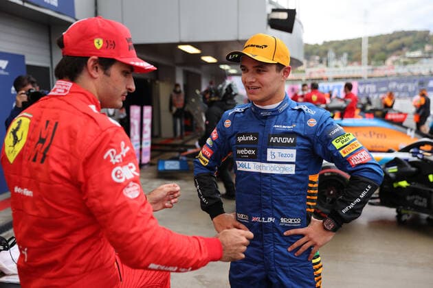 F1 Grand Prix of Russia 55 Carlos Sainz (ESP, Scuderia Ferrari Mission Winnow), 4 Lando Norris (GBR, McLaren F1 Team), F1 Grand Prix of Russia at Sochi Autodrom on September 25, 2021 in Sochi, Russia. (Photo by xpbimages.com XPB Images FIA Pool via HOCH ZWEI) Sochi Russia Poolfoto HOCH ZWEI Pool XPB Images ,EDITORIAL USE ONLY