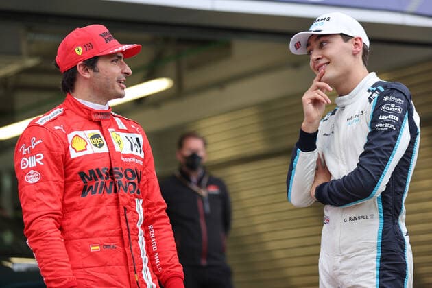 F1 Grand Prix of Russia 55 Carlos Sainz (ESP, Scuderia Ferrari Mission Winnow), 63 George Russell (GBR, Williams Racing), F1 Grand Prix of Russia at Sochi Autodrom on September 25, 2021 in Sochi, Russia. (Photo by xpbimages.com XPB Images FIA Pool via HOCH ZWEI) Sochi Russia Poolfoto HOCH ZWEI Pool XPB Images ,EDITORIAL USE ONLY