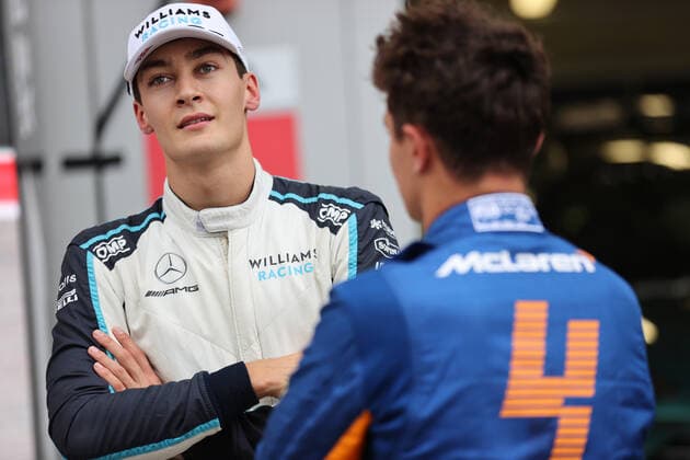 F1 Grand Prix of Russia 63 George Russell (GBR, Williams Racing), 4 Lando Norris (GBR, McLaren F1 Team), F1 Grand Prix of Russia at Sochi Autodrom on September 25, 2021 in Sochi, Russia. (Photo by xpbimages.com XPB Images FIA Pool via HOCH ZWEI) Sochi Russia Poolfoto HOCH ZWEI Pool XPB Images ,EDITORIAL USE ONLY