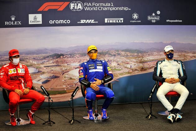 F1 Grand Prix of Russia 55 Carlos Sainz (ESP, Scuderia Ferrari Mission Winnow), 4 Lando Norris (GBR, McLaren F1 Team), 63 George Russell (GBR, Williams Racing), F1 Grand Prix of Russia at Sochi Autodrom on September 25, 2021 in Sochi, Russia. (Photo by xpbimages.com XPB Images FIA Pool via HOCH ZWEI) Sochi Russia Poolfoto HOCH ZWEI Pool XPB Images ,EDITORIAL USE ONLY