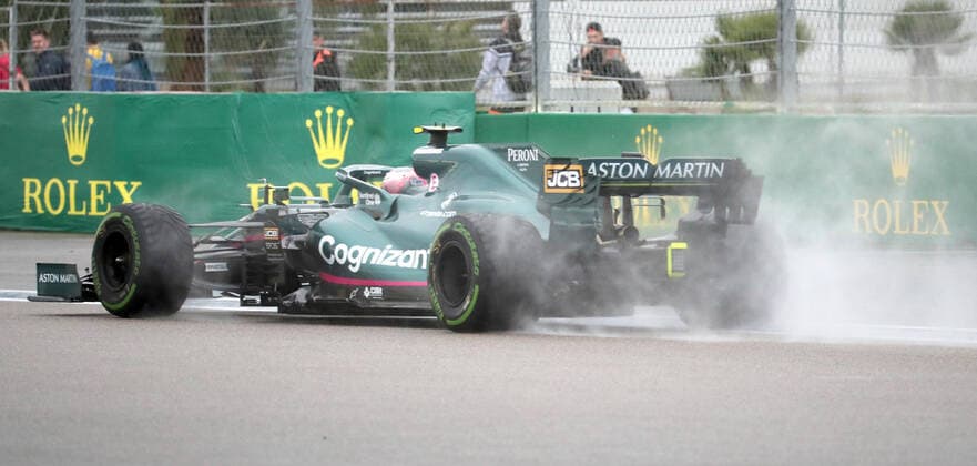 SOCHI, RUSSIA â€“ SEPTEMBER 25, 2021: Aston Martin Cognizant F1 Team driver Sebastian Vettel of Germany competes in a qualifying session for the 2021 Formula One Russian Grand Prix, at the Sochi Autodrom racing circuit. Sergei Fadeichev TASS  TS111EBA