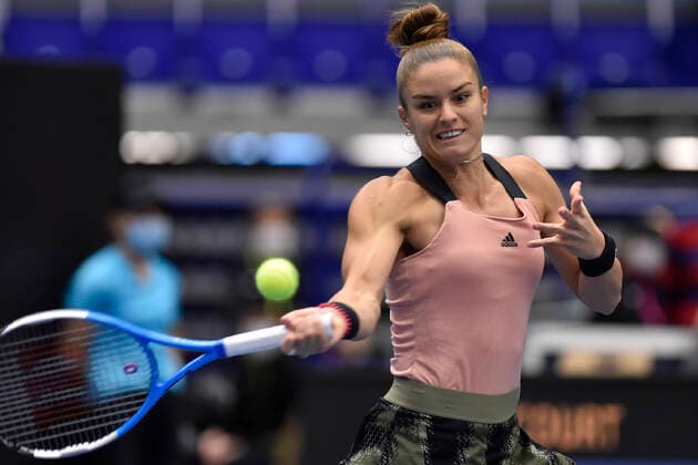 Maria Sakkari of Greece in action during the match against Iga Swiatek of Poland at the J&T Banka Ostrava Open 2021 women s WTA, Tennis Damen indoor tennis tournament in Ostrava, Czech Republic, September 25, 2021. (CTKxPhoto JaroslavxOzana) CTKPhotoP2021092503620  JAO 01