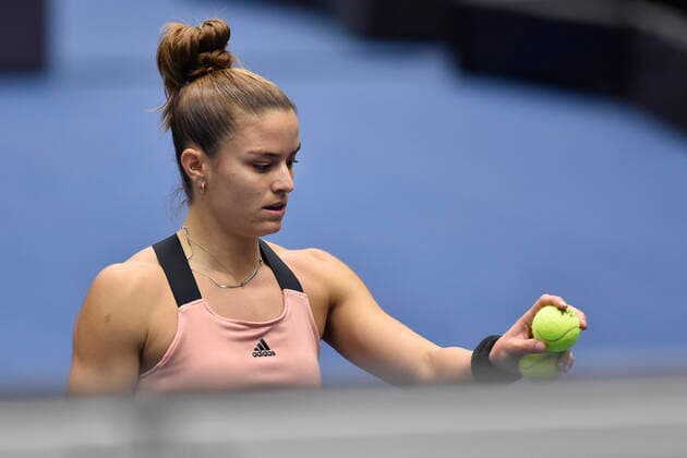 Maria Sakkari of Greece in action during the match against Iga Swiatek of Poland at the J&T Banka Ostrava Open 2021 women s WTA, Tennis Damen indoor tennis tournament in Ostrava, Czech Republic, September 25, 2021. (CTKxPhoto JaroslavxOzana) CTKPhotoP2021092503715  JAO 08
