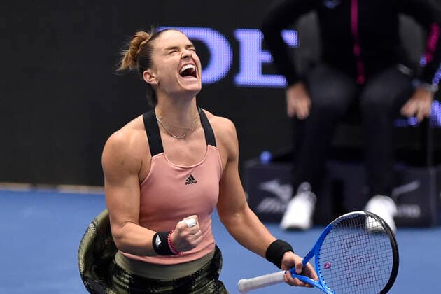 Maria Sakkari of Greece in action during the match against Iga Swiatek of Poland at the J&T Banka Ostrava Open 2021 women s WTA, Tennis Damen indoor tennis tournament in Ostrava, Czech Republic, September 25, 2021. (CTKxPhoto JaroslavxOzana) CTKPhotoP2021092504319  JAO 17