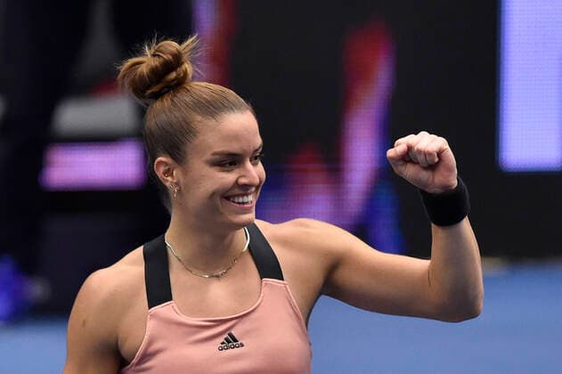 Maria Sakkari of Greece celebrates victory after the match against Iga Swiatek of Poland at the J&T Banka Ostrava Open 2021 women s WTA, Tennis Damen indoor tennis tournament in Ostrava, Czech Republic, September 25, 2021. (CTKxPhoto JaroslavxOzana) CTKPhotoP2021092504323  JAO 21