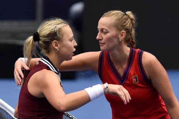 Czech Petra Kvitova (right) in action during the match against Anett Kontaveit of Estonia at the J&T Banka Ostrava Open 2021 women s WTA, Tennis Damen indoor tennis tournament in Ostrava, Czech Republic, September 25, 2021. (CTKxPhoto JaroslavxOzana) CTKPhotoP2021092505301  JAO 29