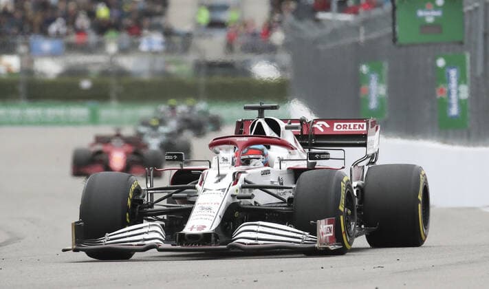 SOCHI, RUSSIA â€“ SEPTEMBER 26, 2021: Alfa Romeo Racing F1 Team driver Kimi Raikkonen of Finland competes in the 2021 Formula One Russian Grand Prix race, at the Sochi Autodrom racing circuit. Sergei Fadeichev TASS  TS1120EC