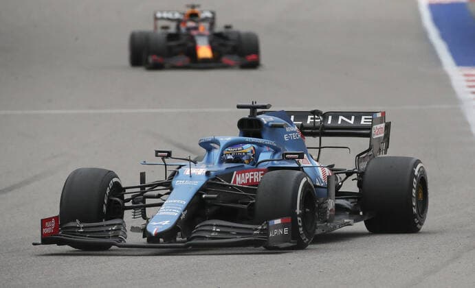 SOCHI, RUSSIA â€“ SEPTEMBER 26, 2021: Alpine F1 Team driver Fernando Alonso of Spain competes in the 2021 Formula One Russian Grand Prix race, at the Sochi Autodrom racing circuit. Sergei Fadeichev TASS  TS1120F1