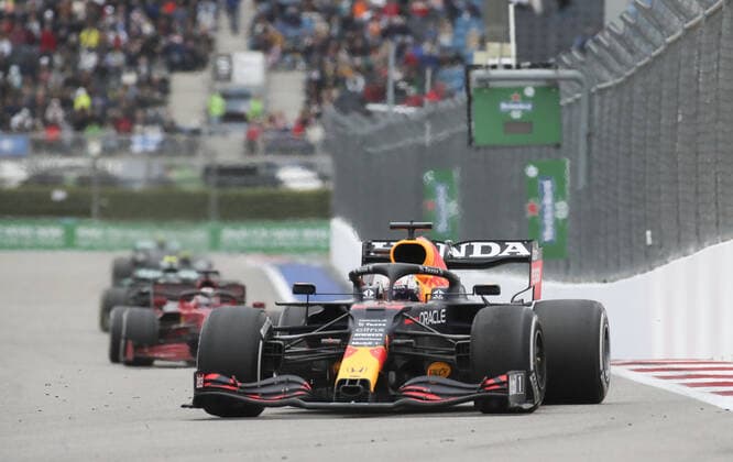 SOCHI, RUSSIA â€“ SEPTEMBER 26, 2021: Red Bull Racing F1 Team driver Max Verstappen competes in the 2021 Formula One Russian Grand Prix race, at the Sochi Autodrom racing circuit. Sergei Fadeichev TASS  TS11211D