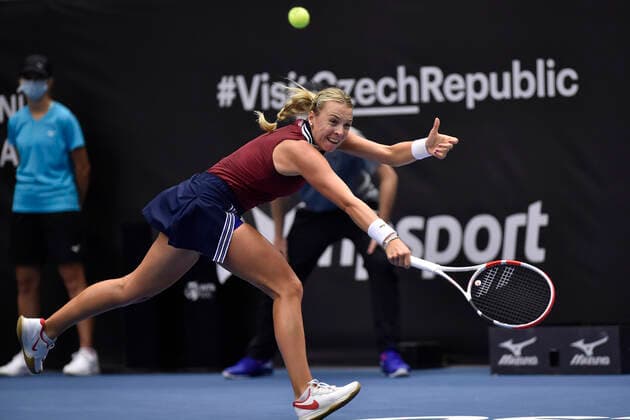 Anett Kontaveit of Estonia in action during the final match against Maria Sakkari of Greece at the J&T Banka Ostrava Open 2021 women s WTA, Tennis Damen indoor tennis tournament in Ostrava, Czech Republic, September 26, 2021. (CTKxPhoto JaroslavxOzana) CTKPhotoP2021092604430  JAO 06