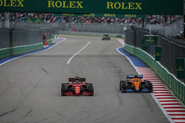16 LECLERC Charles (mco), Scuderia Ferrari SF21, action and 04 NORRIS Lando (gbr), McLaren MCL35M during the Formula 1 VTB Russian Grand Prix 2021, 15th round of the 2021 FIA Formula One World Championship, WM, Weltmeisterschaft from September 24 to 26, 2021 on the Sochi Autodrom, in Sochi, Russia - Photo Joao Filipe DPPI FORMULE 1 : Grand prix de Russie - Sotchi - 26 09 2021 DPPI PANORAMIC  JFBE9759