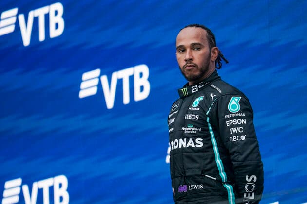 September 26, 2021, Sochi, Russia: LEWIS HAMILTON of Great Britain and Mercedes-AMG F1 Team is seen on the podium after winning the 2021 FIA Formula 1 Russian Grand Prix at Sochi Autodrom in Sochi, Russia. Sochi Russia - ZUMAg147 20210926_zap_g147_007 Copyright: xJamesxGasperottix