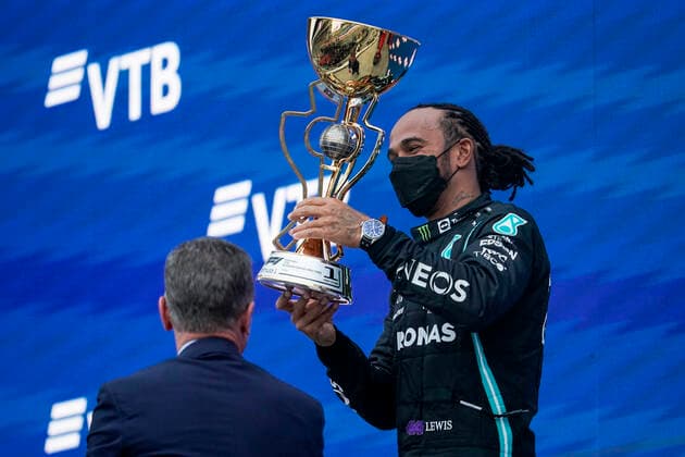 September 26, 2021, Sochi, Russia: LEWIS HAMILTON of Great Britain and Mercedes-AMG F1 Team is seen on the podium after winning the 2021 FIA Formula 1 Russian Grand Prix at Sochi Autodrom in Sochi, Russia. Sochi Russia - ZUMAg147 20210926_zap_g147_012 Copyright: xJamesxGasperottix