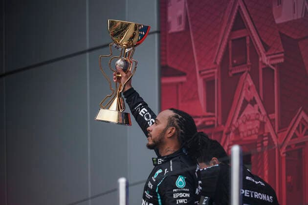 September 26, 2021, Sochi, Russia: LEWIS HAMILTON of Great Britain and Mercedes-AMG F1 Team is seen on the podium after winning the 2021 FIA Formula 1 Russian Grand Prix at Sochi Autodrom in Sochi, Russia. Sochi Russia - ZUMAg147 20210926_zap_g147_016 Copyright: xJamesxGasperottix
