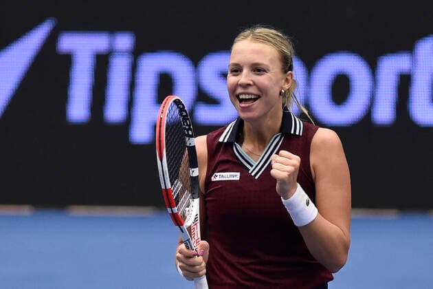 Anett Kontaveit of Estonia celebrates victory after the final match against Maria Sakkari of Greece at the J&T Banka Ostrava Open 2021 women s WTA, Tennis Damen indoor tennis tournament in Ostrava, Czech Republic, September 26, 2021. (CTKxPhoto JaroslavxOzana) CTKPhotoP2021092605037  JAO 15