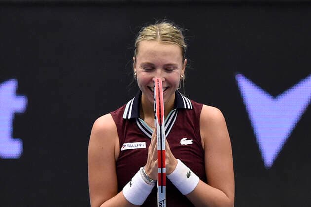 Anett Kontaveit of Estonia celebrates victory after the final match against Maria Sakkari of Greece at the J&T Banka Ostrava Open 2021 women s WTA, Tennis Damen indoor tennis tournament in Ostrava, Czech Republic, September 26, 2021. (CTKxPhoto JaroslavxOzana) CTKPhotoP2021092605038  JAO 16