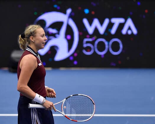 Anett Kontaveit of Estonia celebrates victory after the final match against Maria Sakkari of Greece at the J&T Banka Ostrava Open 2021 women s WTA, Tennis Damen indoor tennis tournament in Ostrava, Czech Republic, September 26, 2021. (CTKxPhoto JaroslavxOzana) CTKPhotoP2021092605067  JAO 17