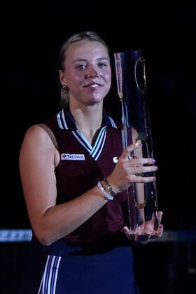Anett Kontaveit of Estonia celebrates victory after the final match against Maria Sakkari of Greece at the J&T Banka Ostrava Open 2021 women s WTA, Tennis Damen indoor tennis tournament in Ostrava, Czech Republic, September 26, 2021. (CTKxPhoto JaroslavxOzana) CTKPhotoP2021092605124  JAO 19