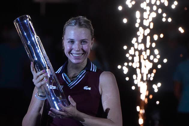 Anett Kontaveit of Estonia celebrates victory after the final match against Maria Sakkari of Greece at the J&T Banka Ostrava Open 2021 women s WTA, Tennis Damen indoor tennis tournament in Ostrava, Czech Republic, September 26, 2021. (CTKxPhoto JaroslavxOzana) CTKPhotoP2021092605173  JAO 21