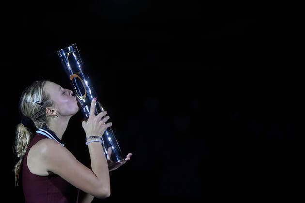 Anett Kontaveit of Estonia celebrates victory after the final match against Maria Sakkari of Greece at the J&T Banka Ostrava Open 2021 women s WTA, Tennis Damen indoor tennis tournament in Ostrava, Czech Republic, September 26, 2021. (CTKxPhoto JaroslavxOzana) CTKPhotoP2021092605376  JAO 24