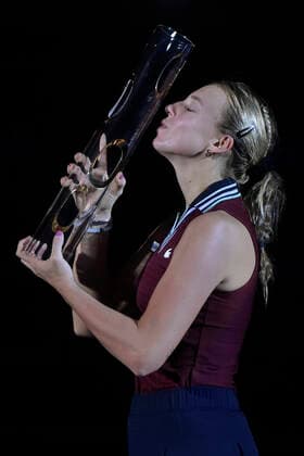 Anett Kontaveit of Estonia celebrates victory after the final match against Maria Sakkari of Greece at the J&T Banka Ostrava Open 2021 women s WTA, Tennis Damen indoor tennis tournament in Ostrava, Czech Republic, September 26, 2021. (CTKxPhoto JaroslavxOzana) CTKPhotoP2021092605446  JAO 26