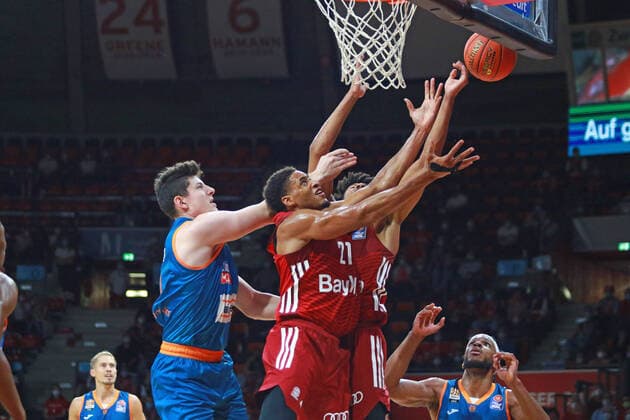 21 Augustine Rubit and 12 Jason George FCBB against 13 Nicolas Bretzel and 4 Jaron Blossomgame Ulm Basketball, Easycredit BBL, FC Bayern Munich Ratiopharm Ulm at the Audi Dome on 26 09 2021 PHOTO Mladen Lackovic LakoPress