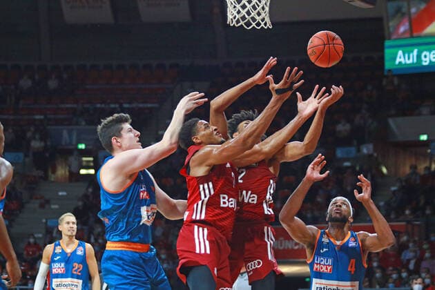 21 Augustine Rubit and 12 Jason George FCBB against 13 Nicolas Bretzel and 4 Jaron Blossomgame Ulm Basketball, Easycredit BBL, FC Bayern Munich Ratiopharm Ulm at the Audi Dome on 26 09 2021 PHOTO Mladen Lackovic LakoPress