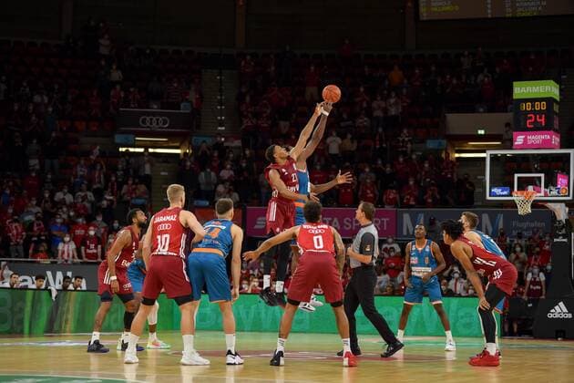 Basketball, BBL, 20210926, FC Bayern München Ratiopharm Ulm In the picture Augustine RUBIT FC Bayern München, 21 and Cristiano FELICIO Ratiopharm Ulm, 1 Tip off Munich Audi Dome Bayern Germany Copyright: Passion2Press MarkusxFischerx
