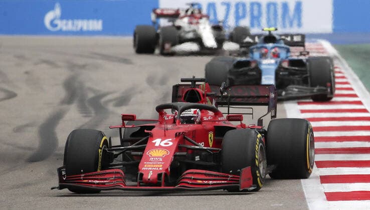 SOCHI, RUSSIA - SEPTEMBER 26, 2021: Scuderia Ferrari F1 Team driver Charles Leclerc competes in the 2021 Formula One Russian Grand Prix race at the Sochi Autodrom racing circuit. Sergei Fadeichev TASS  TS1121B1