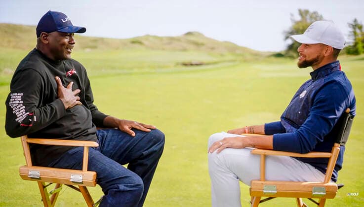 September 27, 2021 - Kohler, Wisconsin, USA. - Basketball greats MICHAEL JORDAN and STEPH CURRY sit down at Whistling Straits, site of the Ryder Cup, to talk golf. Kohler U.S. - ZUMAce6_ 20210927_zaf_ce6_001 Copyright: xNbcxGolfx