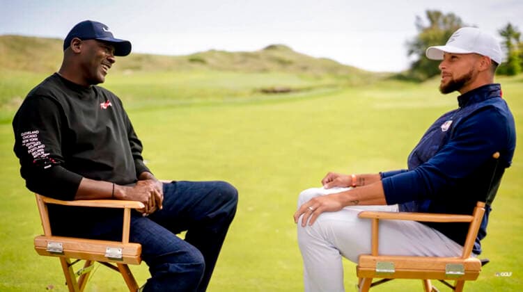 September 27, 2021 - Kohler, Wisconsin, USA. - Basketball greats MICHAEL JORDAN and STEPH CURRY sit down at Whistling Straits, site of the Ryder Cup, to talk golf. Kohler U.S. - ZUMAce6_ 20210927_zaf_ce6_002 Copyright: xNbcxGolfx