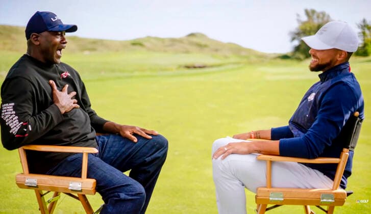 Basketball, Michael Jordan and Steph Curry on the sidelines of the Ryder Cup at Kohler
