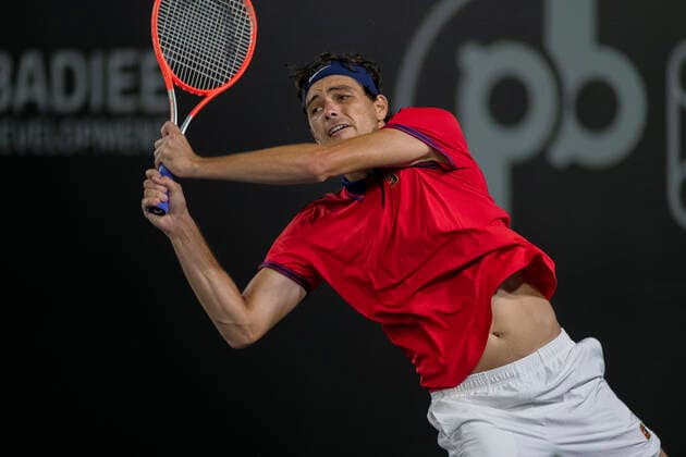 September 28, 2021, San Diego, California, USA: American TAYLOR FRITZ watches the ball he s hit to opponent Salvatore Caruso of Italy at the San Diego Open tennis tournament. San Diego USA - ZUMAb202 20210928_znp_b202_016 Copyright: xDavidxBarakx