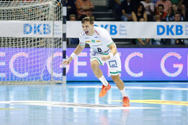 26 09 2021, xgox,Handball Liqui Moly HBL, SC Magdeburg SC DHfK Leipzig emspor, v l Lucas Krzikalla Leipzig, 8 jubilation, goal jubilation, jubilate over the goal, celebrate the goal, celebration Magdeburg