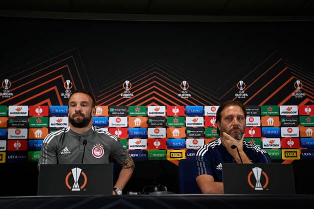 Mathieu Valbuena and Coach Pedro Martins of Olympiakos during the press conference, PK, Pressekonferenz and training session the day before the Europa League Group D game between Fenerbahce and Olympiakos on September 29, 2021 in Istanbul , Turkey. 