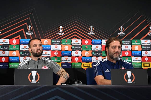 Mathieu Valbuena and Coach Pedro Martins of Olympiakos during the press conference, PK, Pressekonferenz and training session the day before the Europa League Group D game between Fenerbahce and Olympiakos on September 29, 2021 in Istanbul , Turkey. 