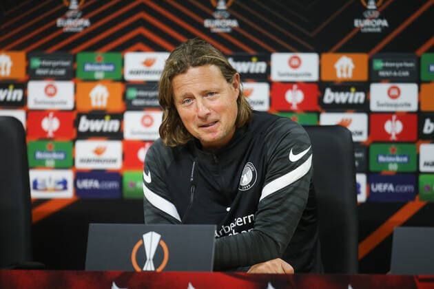 FOOTBALL - The coach Bo Henriksen and Gustav Isaksen of FC Midtjylland, during the press conference, PK, Pressekonferenz before the Europa League match with SC Braga. Estadio Muncipal de Braga, Portugal, 29th September 2021. Photo: IMAGO Pedro Benavente - PUBXNOTXINXPORTUGAL PEDRO BENAVENTE
