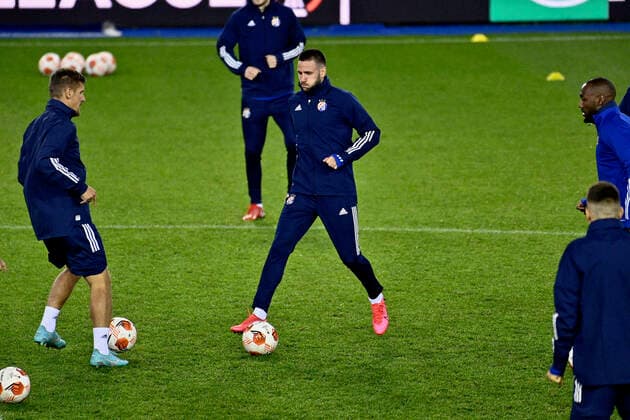 Dinamo s Duje Cop pictured in action during a training session of Croatian team Dinamo Zagreb, Wednesday 29 September 2021, in Genk, ahead of tomorrow s Europa League game against Belgian soccer team KRC Genk, on the second day (out of six) in Group H. JOHANxEYCKENS  x3103192x