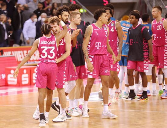 Cheering after the win Skyler Bowlin , Parker Jackson Cartwright Telekom Baskets Bonn win vs ratiopharm Ulm easyCredit BBL 1 Bundesliga , season 2021 2022 , main round 2 matchday