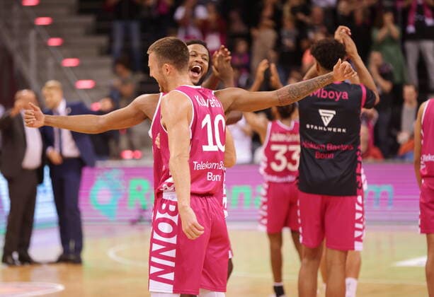 Cheering after win Justin Gorham, Saulius Kulvietis Telekom Baskets Bonn win vs ratiopharm Ulm easyCredit BBL 1 Bundesliga , 2021 2022 season , Main round 2 matchday