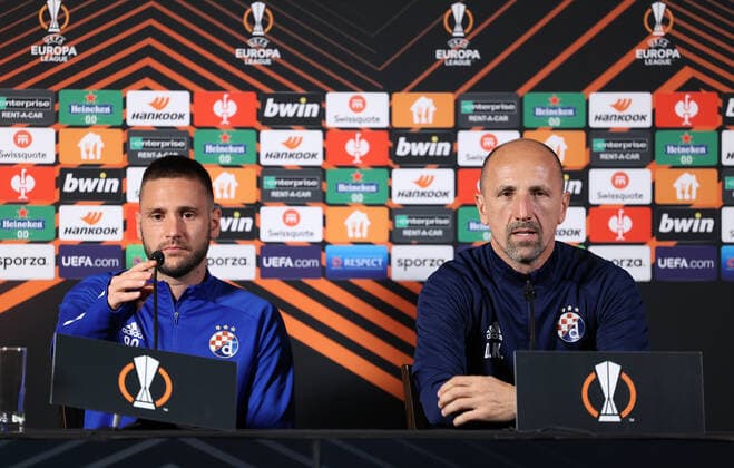UEFA Europa League - GNK Dinamo Zagreb press Coach of Dinamo Zagreb Damir Krznar (R) and player Duje Cop speaks on press conference, PK, Pressekonferenz at Cegeka Arena ahead of UEFA Europa league match between Genk and Dinamo Zagreb, in Genk, Belgium on September 29, 2021. MarkoxPrpic PIXSELL
