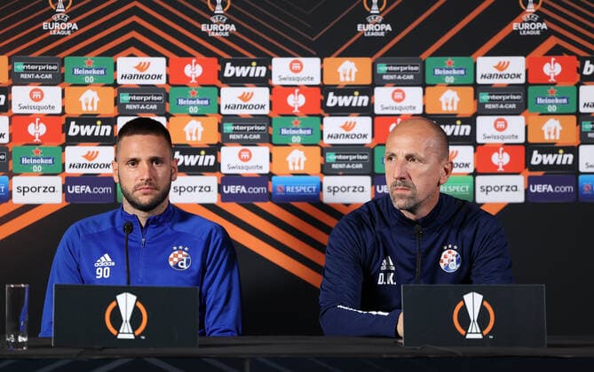 UEFA Europa League - GNK Dinamo Zagreb press Coach of Dinamo Zagreb Damir Krznar (R) and player Duje Cop speaks on press conference, PK, Pressekonferenz at Cegeka Arena ahead of UEFA Europa league match between Genk and Dinamo Zagreb, in Genk, Belgium on September 29, 2021. MarkoxPrpic PIXSELL