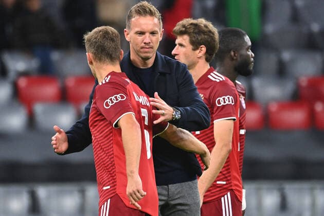 Coach Julian NAGELSMANN Bayern Muenchen with Joshua KIMMICH Bayern Muenchen after the game,re Thomas MUELLER MÜLLER,Bayern Muenchen , Dayot UPAMECANO Bayern Muenchen FC Bayern Muenchen Dynamo Kiev 5 0 Football Champions League,Group E, 2 Matchday on 29 09 2021 A L L I A N Z A R E N A